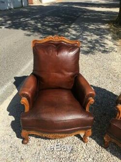 2 Leather Armchairs And Wooden Louis XV Style In Very Good Condition