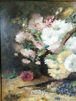 Ancient Table Oil Flowers Very Good Condition 69x61 CM