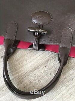 Beautiful Leather Bag Lonchamp Reed Brown Fuchsia Reversible 38x28cm Very Good