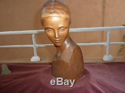 Bust Of Woman Art Deco Signed Wooden Gennarelli, H31cm, Very Good Condition