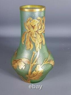 Montjoye Legras Vase Frosted Glass Engraved Iris Enamelled Decoration, Signed Very Good Condition
