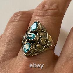 Old Ring Trilogy Silver Massive 3 Blue Topazes Size 60 Very Good Condition