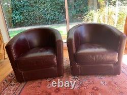 Pair Of Marron Leather Club Armchairs. Very Good Condition