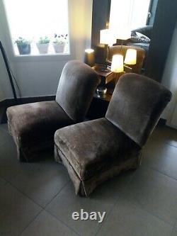 2 fauteuils chauffeuses 70' en velours marron châtaigne. Très bon état vintage