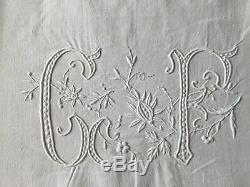 Drap en lin brodé ancien festonné très bon état monogramme CF